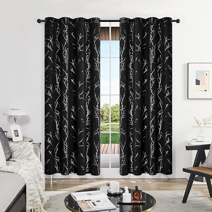 Deconovo Black Blackout Curtains, Thermal Insulated Soundproof Privacy Curtain Drapes, Branch Foil Print, 52 x 95 Inch Long, 2 Panels, Machine‑Washable Window Panel for Bedroom Living Room Office Home