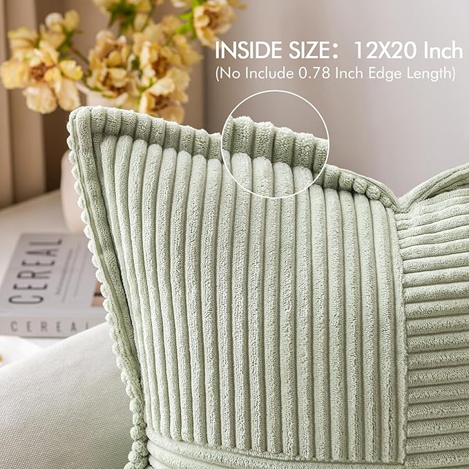 MIULEE Spring Decorative Lumbar Throw Pillow Covers for Couch Bed Livingroom 12x20 Inch Set of 2 Light Green Boho Accent Throw Pllows Broadside Striped Patchwork Soft Corduroy Summer Pillowcases