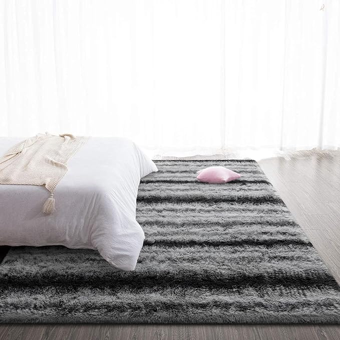 TWINNIS Super Soft Shaggy Rugs Fluffy Carpets, 5x8 Feet, Indoor Modern Plush Area Rugs for Living Room Bedroom Kids Room Nursery Home Decor, Upgrade Anti-Skid Rectangular Fuzzy Rug, Gray Black