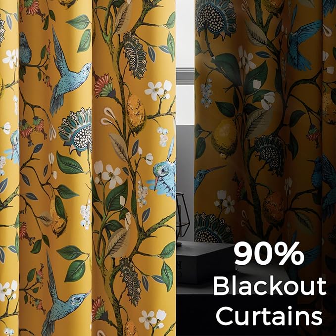 Topfinel Kitchen Curtains 45 Inch Length Mustard Yellow Vintage Blackout Curtains for Cafe Kitchen, Short Grommet Luxury Whimsical Floral Hummingbird Patterned 45 Inches Long for Living Room Bedroom