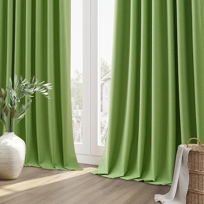Guken 100% Blackout Curtains 90 Inch Length 2 Panels Set for Living Room Bedroom Back Tab Thermal Insulated Black Out Linen Drapes Room Darkening Lime Green,52x90