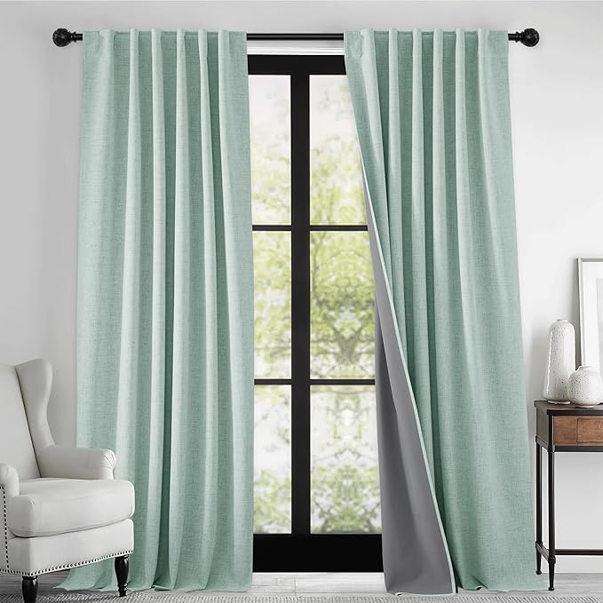 RYB HOME 100% Blackout Linen Textured Curtains 96 inches Long, Thermal Insulating Privacy Energy Saving for Bedroom Living Room Window Office Theater Baby Nursery, W 52 x L 96 in, Aqua, 2 Panels