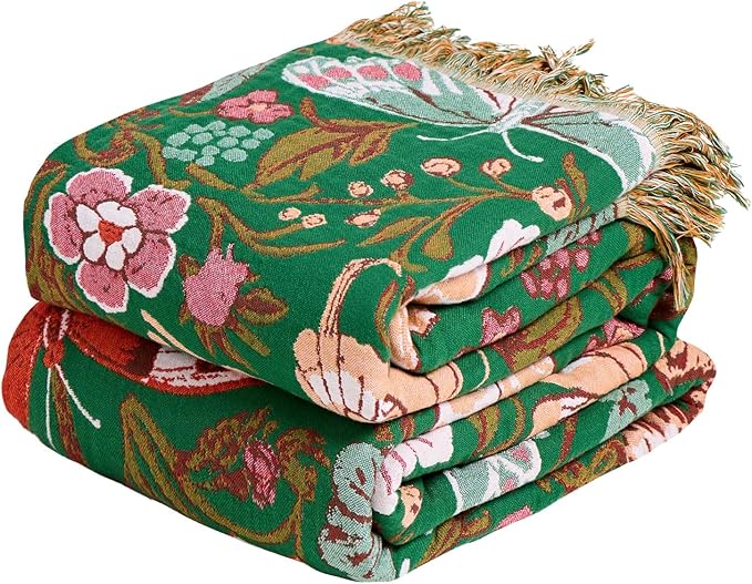 MSGKV Boho Throw Blanket for Couch 50"x60" Butterfly Floral 100% Cotton Blanket Spring Breathable Lightweight Farmhouse Blankets for Sofa Home Decor Muslin All Seasons