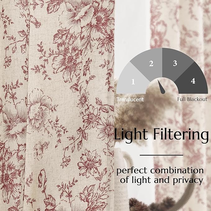jinchan Lined Linen Blend Curtain Floral Curtains for Living Room 90 Inches Long Farmhouse Red Flower Printed Curtain Rod Pocket Back Tab Peony Patterned Drapes Curtains Set 2 Panels