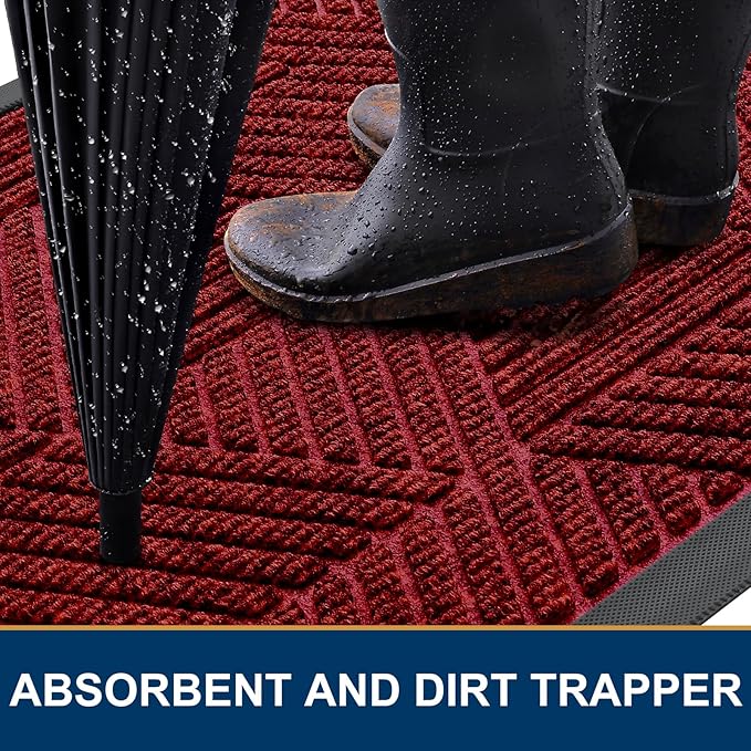 Smiry Front Door Mat Outside Entrance, Heavy Duty Sturdy Natural Rubber Doormat, Trap Dirt and Moisture, Easy Clean Low Profile Mats for Indoor Outdoor Entry, Irregular Triangle (47x32, Deep Red)