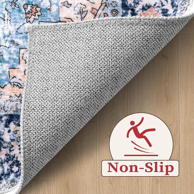 SERISSA Washable Rugs 6x9 Area Rugs, Large Non-Slip Boho Living Room Blue Orange Rug, Ultra Soft Vintage Oriental Tribal Farmhouse Carpet for Dining Room Bedroom Dorm Office Home Decor