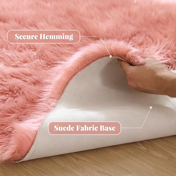 ORINOVA Pink Faux Sheepskin Fuzzy Fur Rugs for Bedroom Washable Shaggy Area Rugs for Living Room 3x5 Nursery Rug