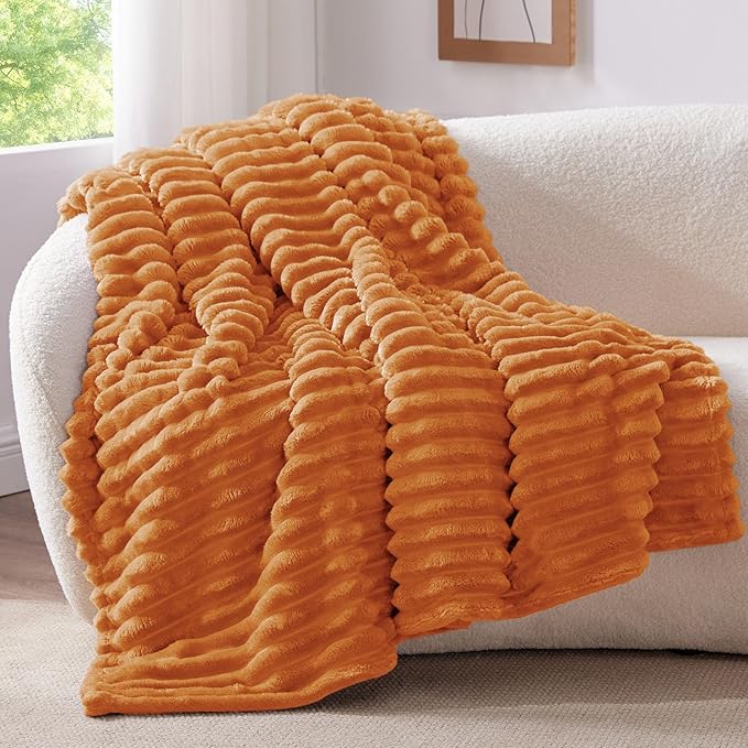 BEDELITE Twin Blanket for Couch & Bed, 300GSM Soft & Warm Fleece Blanket, Decorative and Giftable Striped Burnt Orange Blankets for Women, Men, 60"x80"