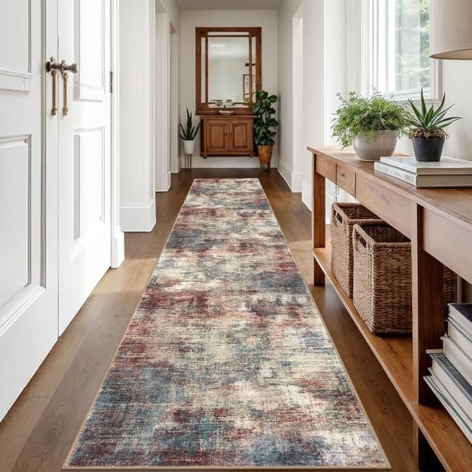 IOHOUZE Abstract Runner Rug 2x12 Ft Washable Runners for Hallways, Non Slip Kitchen Runner Printed Faux Wool Entryway Runner Indoor, Modern Abstract Floor Carpet for Hall Kitchen, Red/Multi