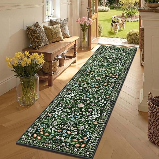Yamaziot Washable Runner Rug 2x8 – Boho Non Slip Floral Hallway Runner Rug with Rubber Backing, Low Pile Distressed Carpet for Kitchen, Laundry, Bedroom, Entrance, Colorful Green