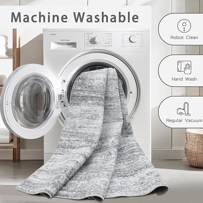 Srugn Washable Rugs 8x10 Area Rugs for Living Room,Rugs for Bedroom,Large Carpets,Ultra Soft Faux Wool Retro Dining Room Rug,Non Slip&Non-Shedding Low Pile Vintage Print Rug for Home Office-Grey Cream
