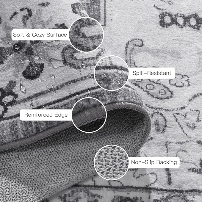 Lofus 5x7 Area Rugs for Living Room, Washable Area Rug, Rugs for Bedroom, Kitchen, Vintage Boho Carpet, Soft Non-Slip, Low Pile Large Area Rug for Office Dining Room, Floral Grey