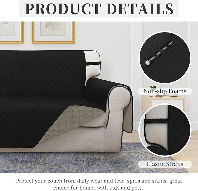 ISSUNTEX Double Protection 100% Waterproof Sofa Covers for Living Room, Couch Covers for 3 Cushion Couch Sofa, Reversible Furniture Protector Sofa Cover for Dogs (Oversized Sofa, Black/Beige)