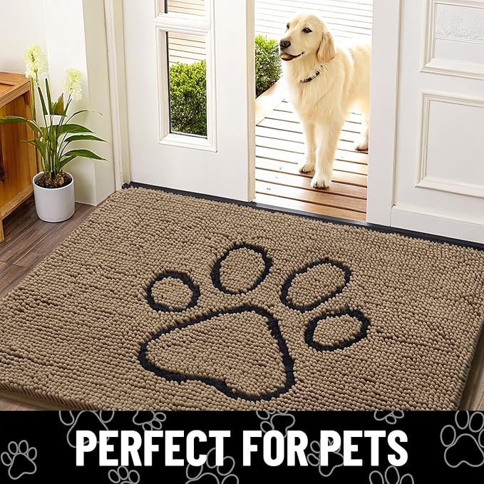 Smiry Dog Door Mat for Muddy Paws, Absorbent Dirt Trapper Non Slip Quick Dry Washable Chenille Mat for Mud Dogs, Entry Rug for Indoor and Outdoor (30x20 Inches, Camel and Black)