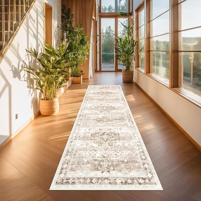 Hazo Haus Beige Washable 2'6"x8' Wide Hallway Runners, Kitchen Runner Rug, Non-Slip & Stain Resistant Long Floor Rug, Neutral Boho Floral Decor (2'6"x8' Beige/Latte)