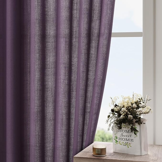 Plum Linen Curtains for Living Room 63 Inches Long 2 Panel Set Light Filtering Linen Drapes for Kitchen Windows Rod Pocket Back Tab Short See Through Curtain Country Farmhouse Decor 52x63
