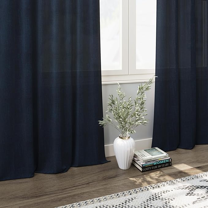 Linen Navy Blue Curtains 108 inch Extra Long for Living Room Back Tab Light Filtering Semi Sheer Drapes Modern Farmhouse Coastal Decor Textured Curtain for Floor to Ceiling High Window 52x108