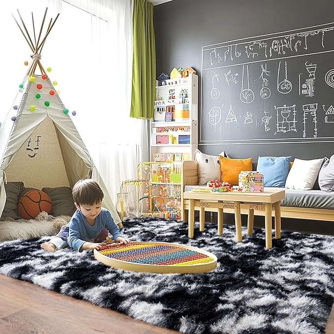 Pionblank 8x10 Rug for Living Room, Fuzzy Plush Large Area Rug, Fluffy Modern Shag Non Slip Soft Furry Carpet for Bedroom Kids Room Nursery Teens Dorm Home Decor, Black White