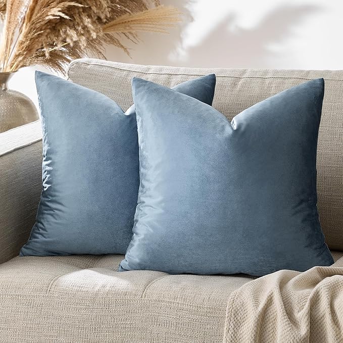 GIGIZAZA Decorative Throw Pillow Covers 16x16,Set of 2 Stone Blue Square Couch Pillow Covers,Velvet Sofa Boho Cushion Pillows