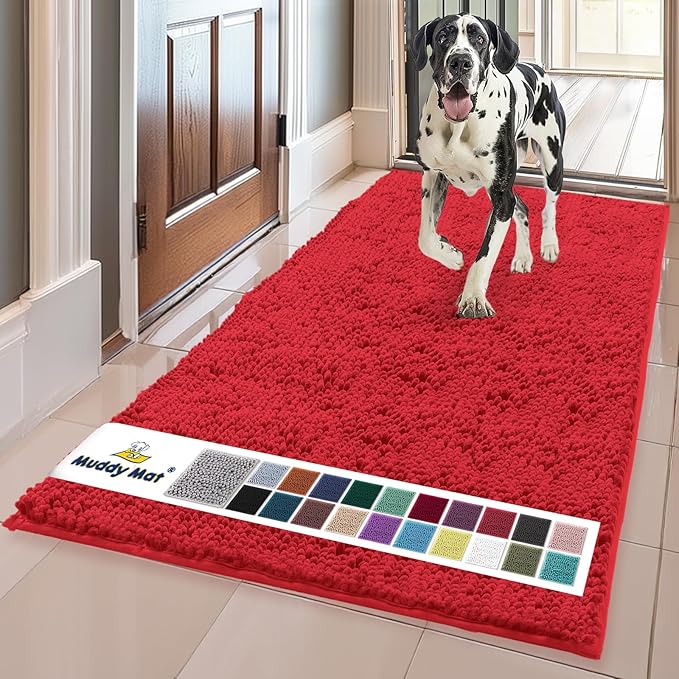 Muddy Mat® | Super Absorbent Door Mat Indoor, Microfiber Quick Dry Chenille Entryway Rug, Non-Slip Front Door Mat, Indoor Mats for Entryway, Machine Washable Pet Rug, Red 59"x35"
