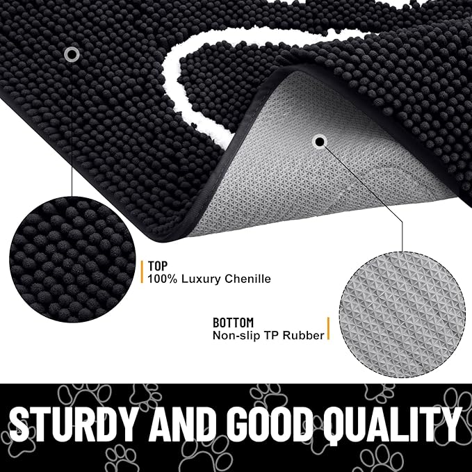 Smiry Dog Door Mat for Muddy Paws, Absorbent Dirt Trapper Non Slip Quick Dry Washable Chenille Mat for Mud Dogs, Entry Rug for Indoor and Outdoor (54x32 Inches, Black and White)