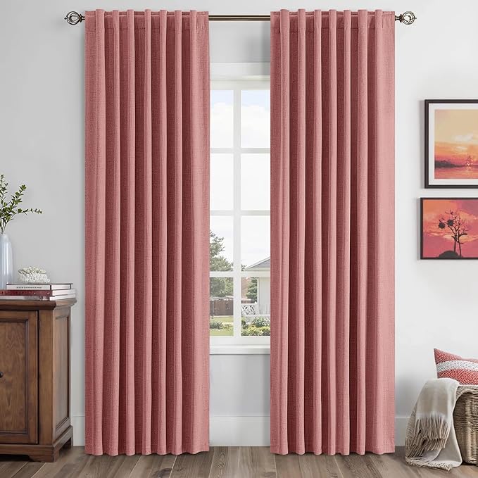 MIULEE 100% Blackout Linen Curtains for Bedroom, Dusty Rose Solid Luxury Decor Thermal Insulation Room Darkening Drapes for Living Room Nursery Back Tab Rod Pocket 42 x 90 Inches, 2 Panels