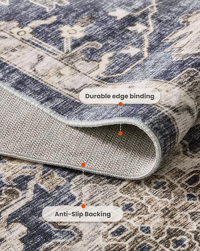 AMADA HOMEFURNISHING 6x9 Area Rugs, Blue Low-Profile Washable Rug with Non-Slip Backing & Durable Edge Binding, Vintage Rugs for Living Room, Bedroom, Dining Room