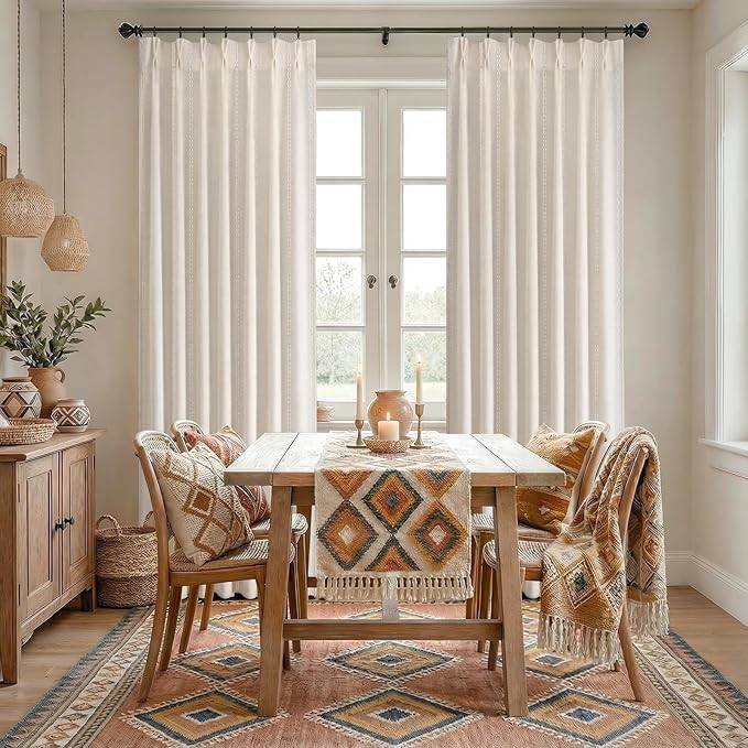 Pinch Pleated Look Light Filtering Curtains 84 Inch Length, 2 Panels Linen Textured Boho Neutral Drapes for Living Room Bedroom Farmhouse Vintage Rustic Window Curtains with Hooks