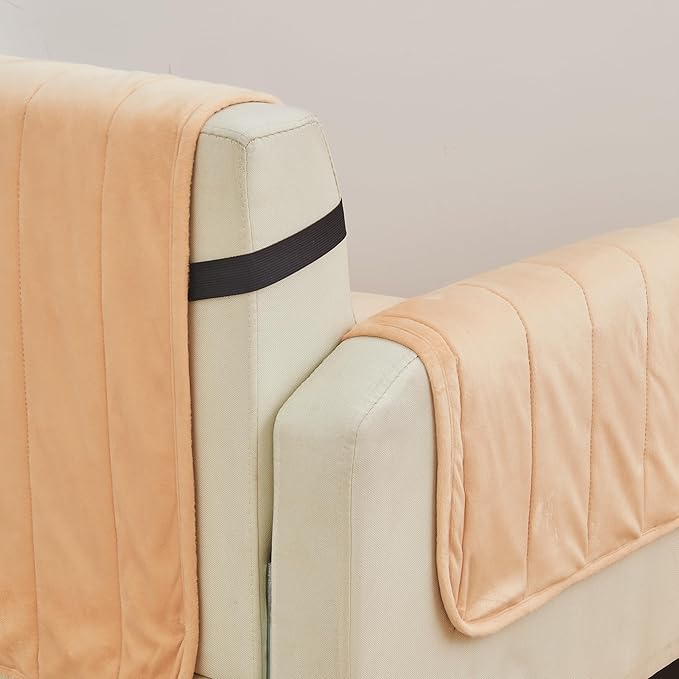 Great Bay Home Velvet Loveseat Cover - Washable Slipcover Furniture Protector with Elastic Straps - Furniture Cover for Dogs, Kids, and Pets - Stitched Detail (Peach)