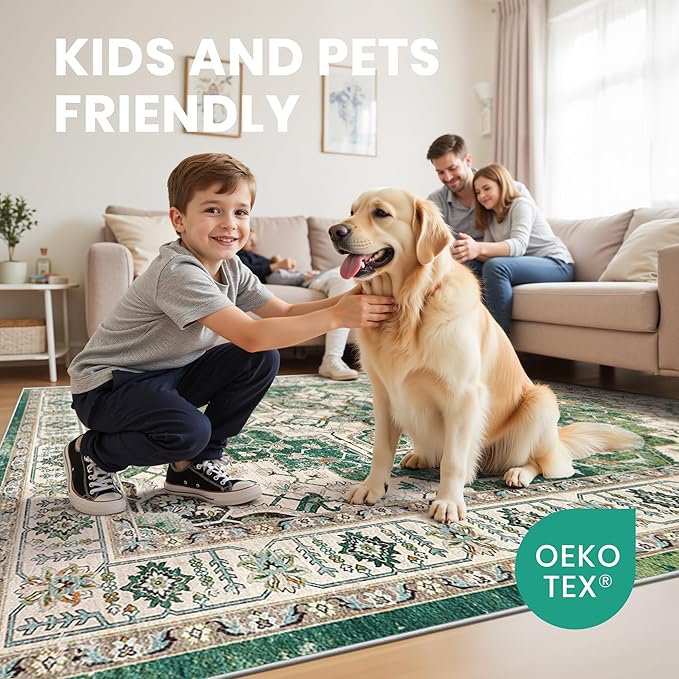 zesthome 8x10 Area Rugs,Stain Resistant Washable Rug,Ultra-Thin Rugs for Living Room,Bedroom,Non-Slip Backing Home Decor Large Area Rug (Green,8'x10')