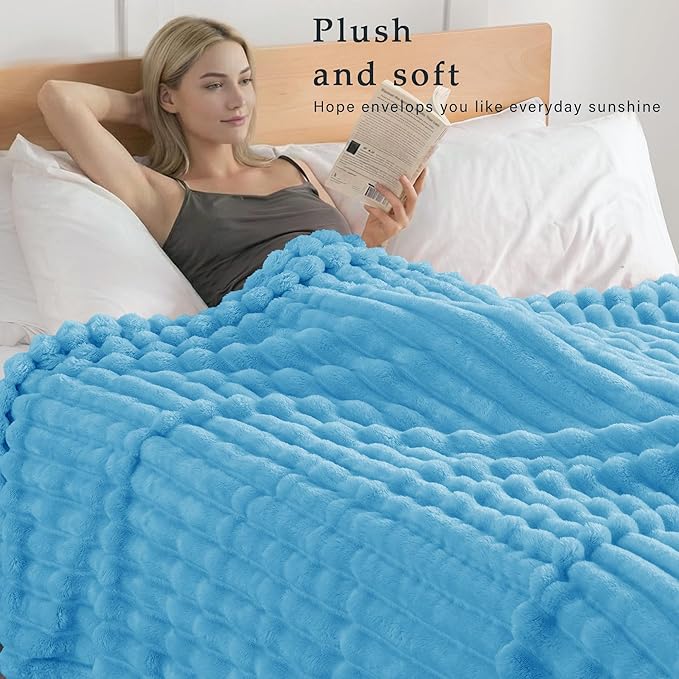Exclusivo Mezcla Queen Size Flannel Fleece Blanket, Super Soft Striped Jacquard Bed Blanket, Lightweight Fuzzy Cozy for All Seasons, 90x90 Inches, Blue