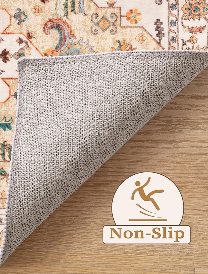 SERISSA Boho Washable Runner Rug, 2'6"x10' Rug Runner Non-Slip Vintage Light Yellow Hallway Kitchen Runner Rug Ultra Soft Print Distressed Floor Carpet Runner for Bedroom Bathroom Laundry Room
