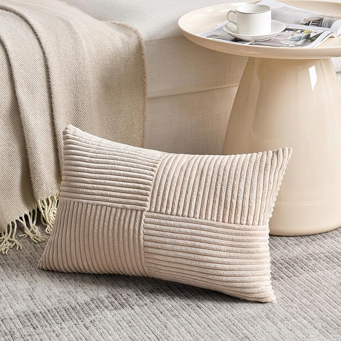 Fancy Homi 2 Packs Tan Lumbar Decorative Throw Pillow Covers 20x28 Inch for Living Room Couch Bed Sofa, Boho Home Decor, Soft Striped Corduroy Rectangle Accent Beige Cushion Case 50x70 cm