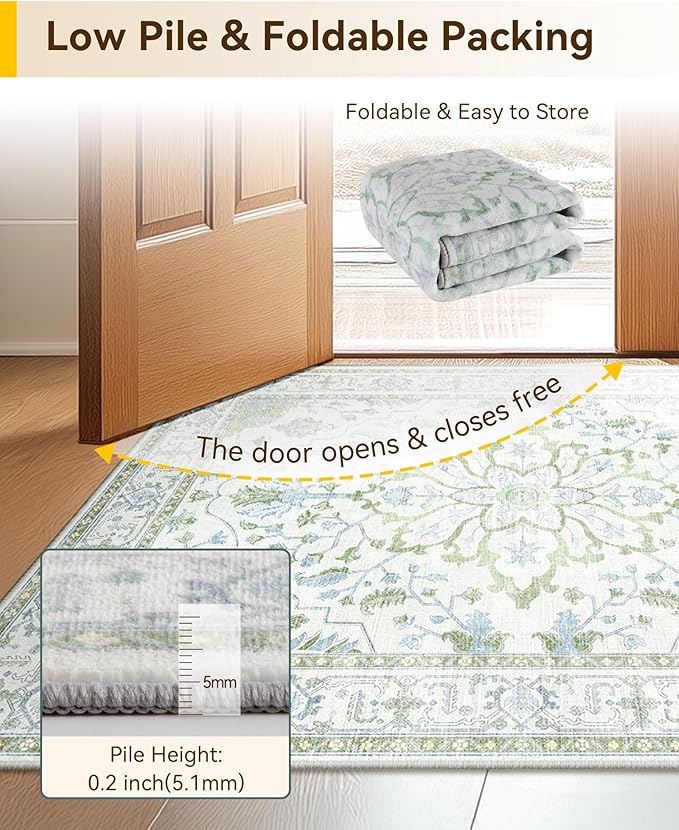 Area Rugs Round 4ft Washable Non-Slip, Floral Vintage Distress Print Pattern Medallion Carpet for Living Room Bedroom Dining Room, Green White Blue