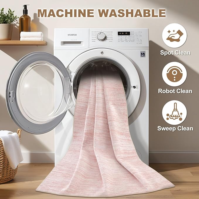 Nakagishi 5x8 Area Rugs Living Room: Washable Large Vintage Rug Neutral Non-Slip Soft Stain Resistant Indoor Carpet for Bedroom Nursery Dining Room Office Playroom - Pink-01