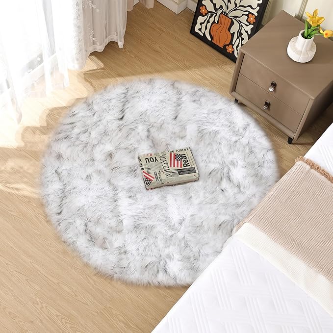 ORINOVA White and Grey Round Rugs 6ft Circle Furry Rug for Living Room Washable Shag Faux Sheepskin Fluffy Fur Rugs for Bedroom Nursery Rug