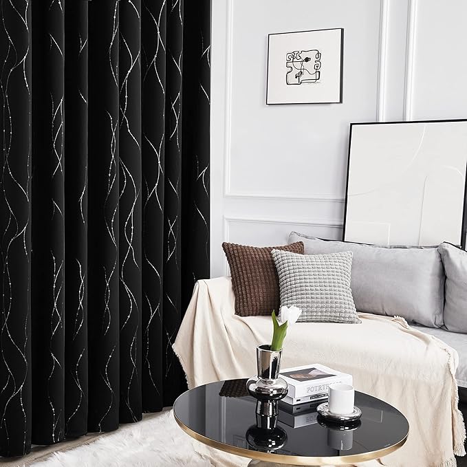 Deconovo Blackout Curtains for Bedroom, 72 Inch Length - Room Darkening Curtains, Window Grommet Curtains, Wave Line and Dots Pattern (W38 X L72, Black, Set of 2)