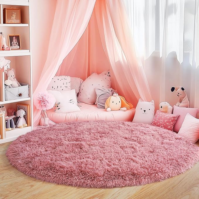 3'x3' Blush Round Rugs for Girls Bedroom, Ultra Soft Fluffy Circle Rug for Kids Room, Cute Small Shag Rugs for Living Room Playroom Tent Castle Home Decor Rug