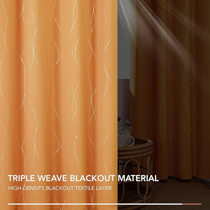 Deconovo Blackout Curtains for Home Decoration, 72 Inch Length - Energy Saving Curtains, Heat Blocking Curtains, Wave Lines with Dots Pattern(42 x 72 Inch, Orange Flame, 2 Panels)