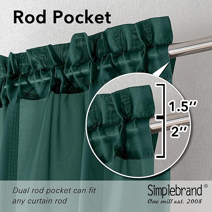 Simplebrand Hunter Green Sheer Curtains 96 Inches Long 2 Panels, Light Filtering Rod Pocket Solid Color Window Sheer Curtain Panels, Elegant Curtains & Drapes for Living Room, Bedroom, 42" W x 96" L
