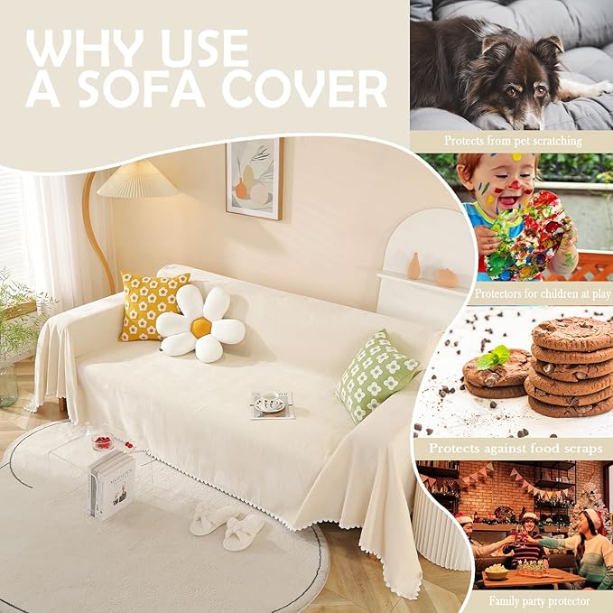 HANDONTIME Beige Couch Covers for 3 Cushion Sofa - Cute Daisy Lace Pet Protector - Thick Chenille Cover for Dogs & Sectional Sofas - 71" X150"