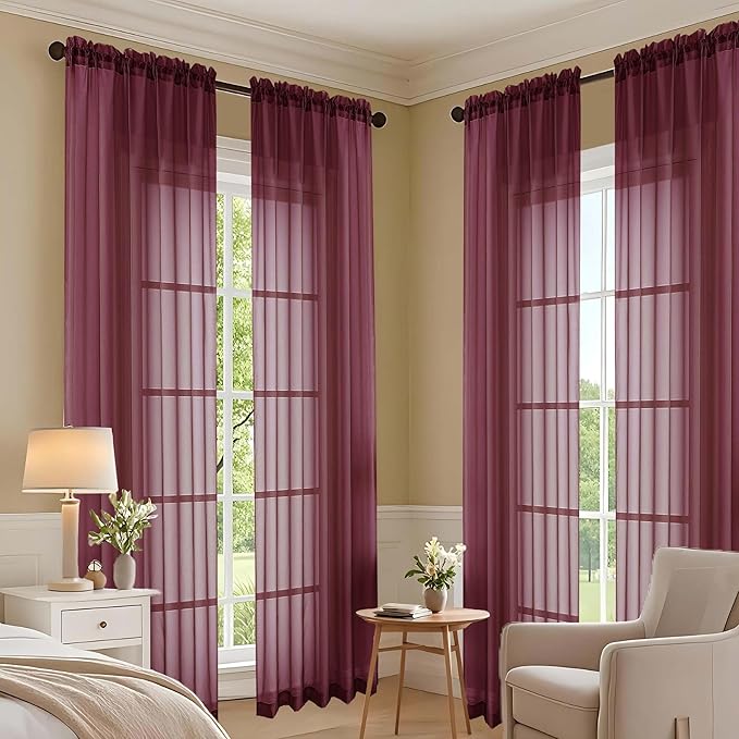 OVZME Burgundy Sheer Curtains 84 Inches Long 2 Panels Set, Light Filtering Sheer Curtains for Living Room Bedroom 59 Inch Extra Wide, Modern Voile Filmy Rod Pocket Window Drapes, 59Wx84L Inches