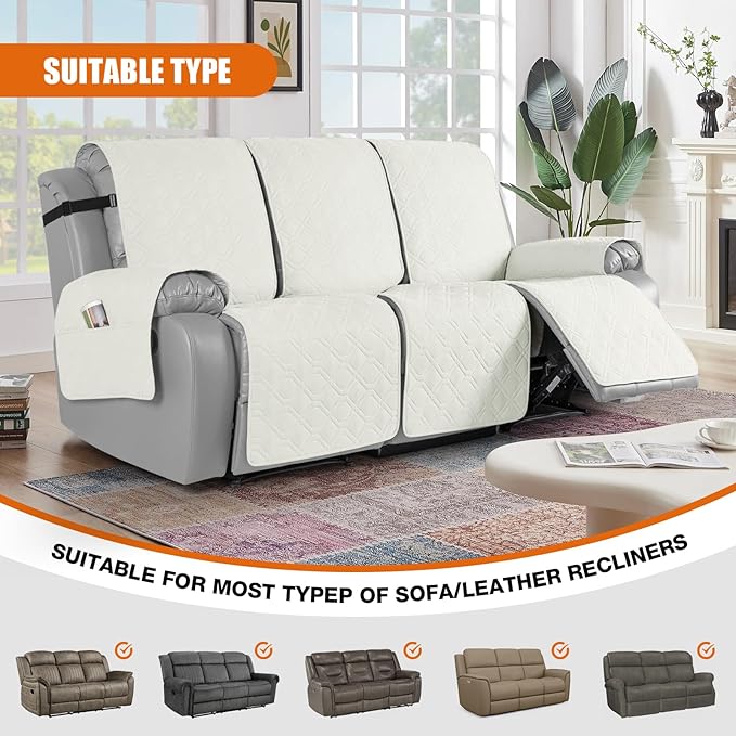 VANSOFY Waterproof Recliner Couch Covers, Sofa Covers 1-Piece Washable Reclining Sofa Cover Non-Slip Furniture Protector with Elastic Straps Pocket for Dogs, Pets(Off White,3 Seater)