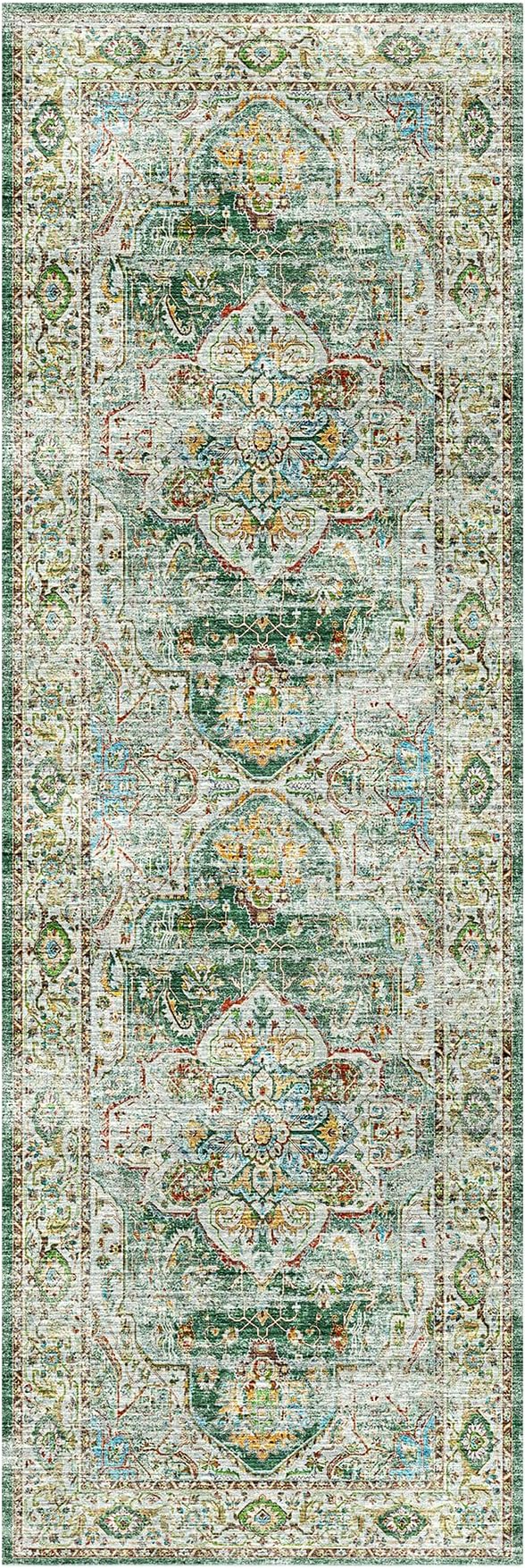 Madane Runner Rug 2'6''x8' Kitchen Runner, Hallway Runner Printed Vintage Washable Rugs Soft Non-Slip Low Pile Runners for Hallways Laundry Room Rug Distressed Rug, Green
