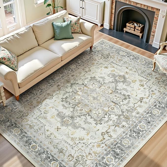 Lofus 9x12 Area Rugs for Living Room, Machine Washable Non-Slip Area Rug, Low Pile Large Rugs for Bedroom, Kitchen, Dining Room, Home Office, Vintage Oriental Print Rug, Taupe Grey