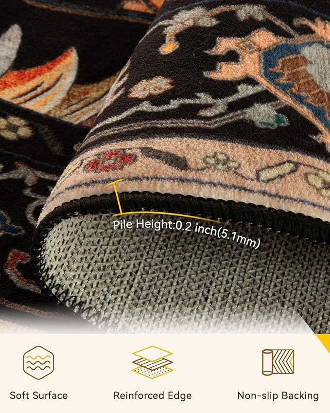RELEANY Area Rugs 8ft Washable Non-Slip, Floral Vintage Distress Print Pattern Medallion Carpet for Living Room Bedroom Dining Room, Black Colorful Floral Dark Tan