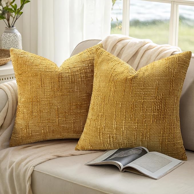 decorUhome Summer Mustard Yellow Chenille Euro Sham Throw Pillow Covers 24x24 Set of 2 Textured Cozy Slubby Couch Pillow Covers Modern Farmhouse Boho Decorative Pillow Cases for Bed Sofa Living Room