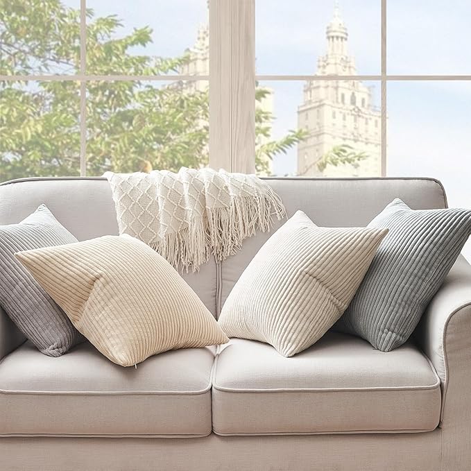 Topfinel 4 Packs Neutral Decorative Throw Pillows Covers 24x24 Inch for Living Room Couch Bed Sofa, Rustic Farmhouse Boho Neutral Home Decor, Soft Plush Striped Corduroy Square Cushion Case 60x60 cm