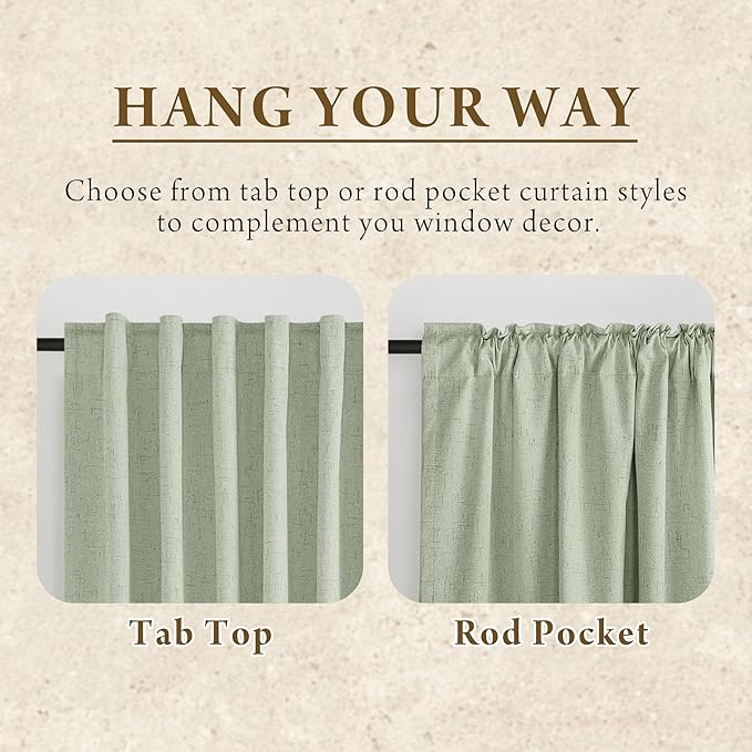 RYB HOME 100% Blackout Sage Green Linen Curtains, Light & Heat Blocking Thermal Privacy Protection Neutral Window Drapes for Living Room Bedroom, 52" W x 84" L, 2 Panels Set