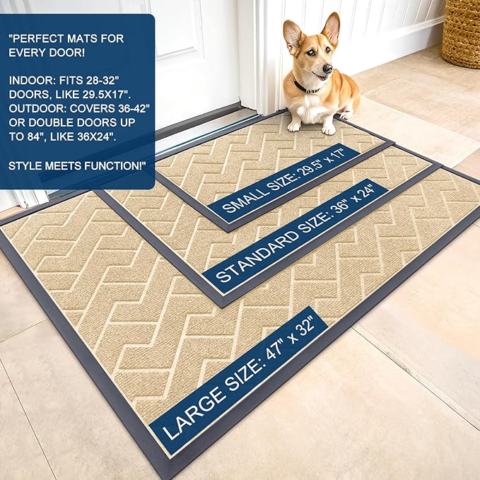 OLANLY Front Door Mat Indoor Outdoor Entrance, Waterproof All-Season, All-Weather Doormat, Sturdy Natural Rubber, Low Profile, Easy Clean Patio Porch Entryway Mat, Herringbone Brick (Beige, 47x17)